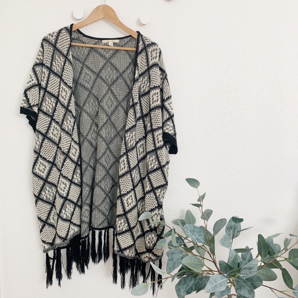 Black & White Poncho with Fringe